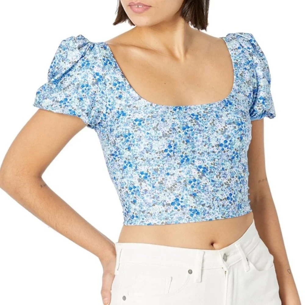 Splendid Blue Floral Longline Puff Sleeve Bikini Top - Size Large